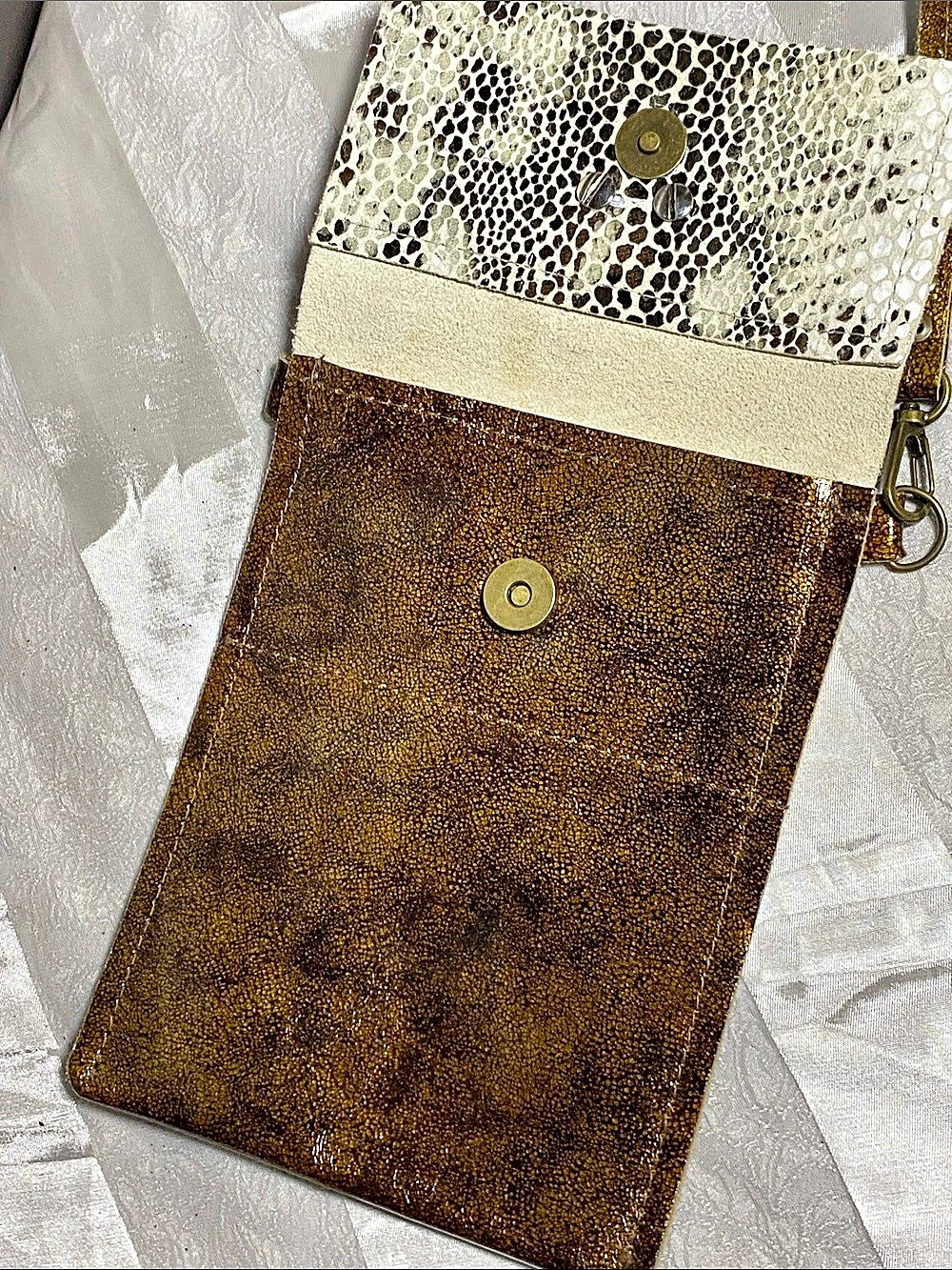 Double Pocket Animal Print Crossbody Bag in Gold, Brown & Cream - Picture 5 of 9